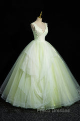 Charming Tulle Lace Green Formal Prom Dress, V-Neck Sleeveless Floor-Length Formal Evening Dress