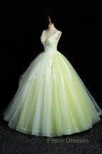Charming Tulle Lace Green Formal Prom Dress, V-Neck Sleeveless Floor-Length Formal Evening Dress