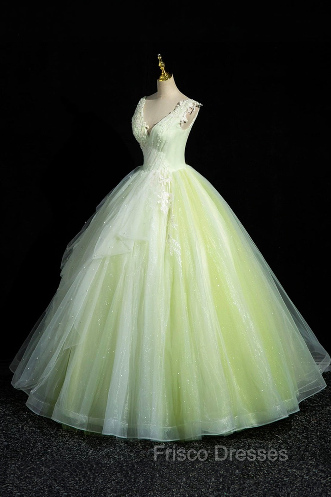 Charming Tulle Lace Green Formal Prom Dress, V-Neck Sleeveless Floor-Length Formal Evening Dress