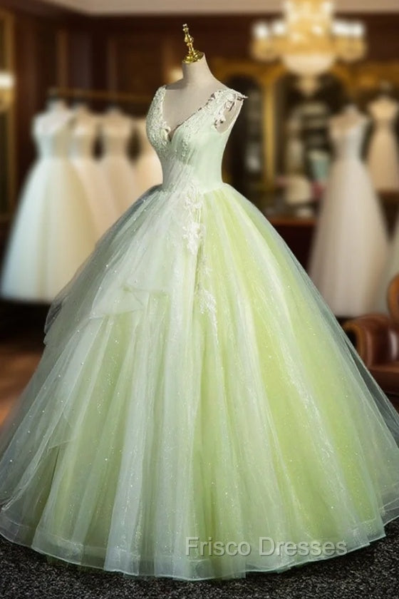 Charming Tulle Lace Green Formal Prom Dress, V-Neck Sleeveless Floor-Length Formal Evening Dress