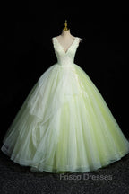 Charming Tulle Lace Green Formal Prom Dress, V-Neck Sleeveless Floor-Length Formal Evening Dress