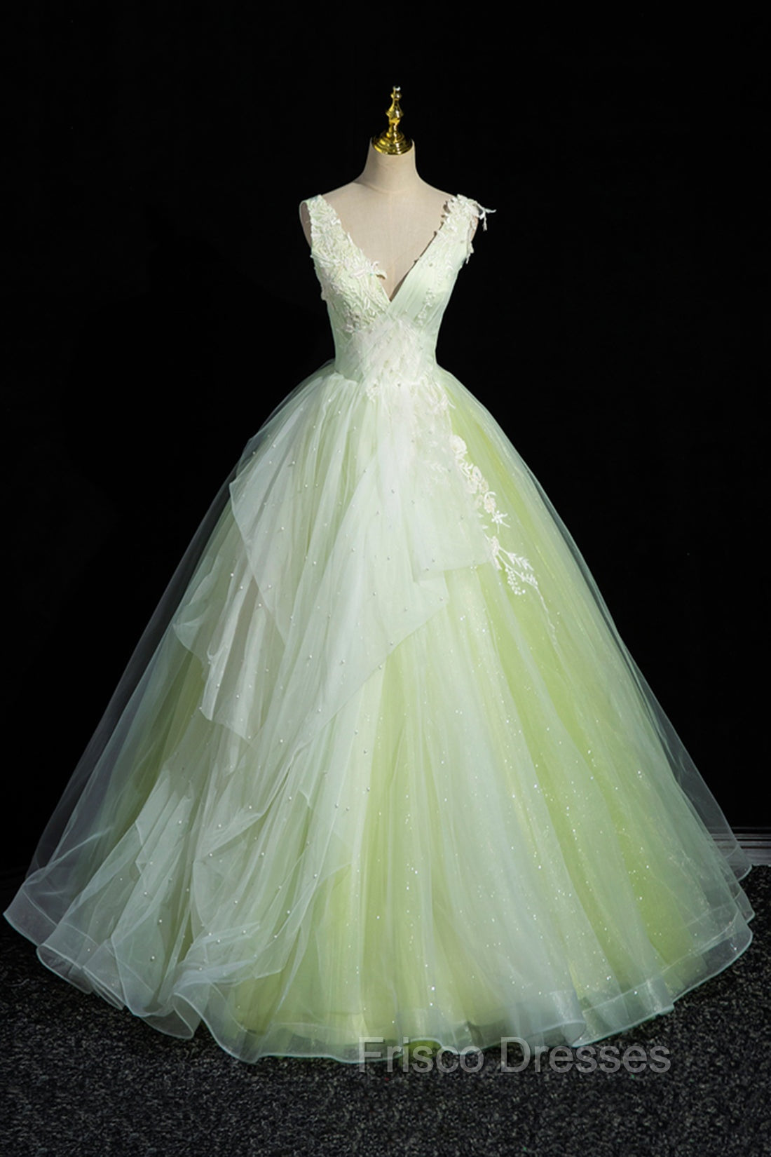 Charming Tulle Lace Green Formal Prom Dress, V-Neck Sleeveless Floor-Length Formal Evening Dress Main image