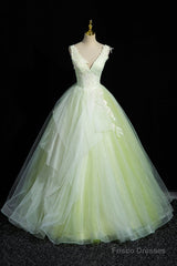 Charming Tulle Lace Green Prom Dresses, V-Neck Sleeveless Floor-Length Formal Evening Dresses