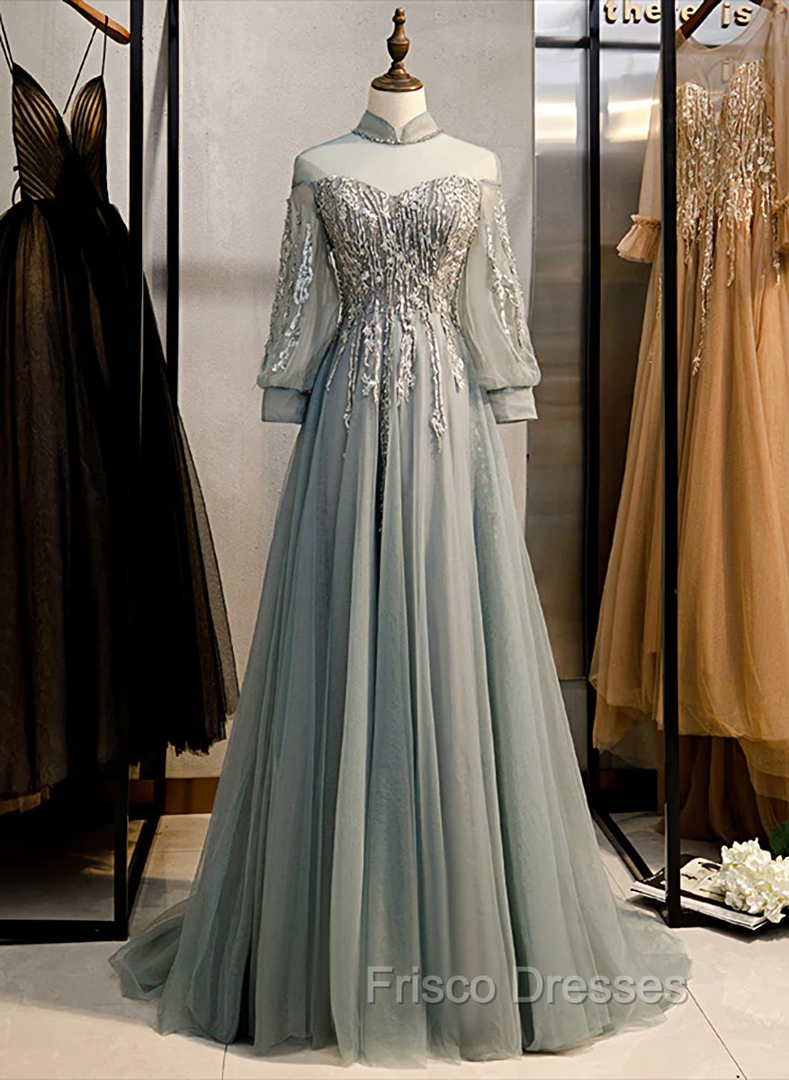 Charming Tulle Long Sleeves Beaded and Lace Long Party Dress, A-line Tulle Formal Gown Main image