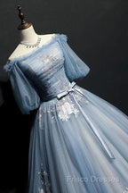 Charming Tulle Puffy Sleeves Long Formal Gown, Formal Prom Dress
