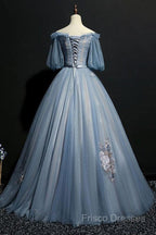 Charming Tulle Puffy Sleeves Long Formal Gown, Formal Prom Dress