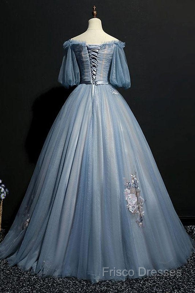 Charming Tulle Puffy Sleeves Long Formal Gown, Formal Prom Dress