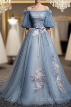 Charming Tulle Puffy Sleeves Long Formal Gown, Formal Prom Dress