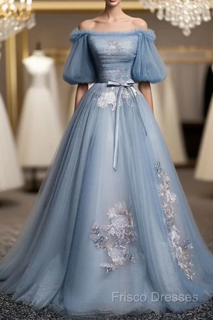 Charming Tulle Puffy Sleeves Long Formal Gown, Formal Prom Dress