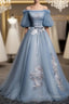 Charming Tulle Puffy Sleeves Long Formal Gown, Formal Prom Dress