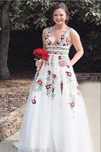 Charming V Neck A Line Prom Dress With Embroidery, Open Back Evening Dress