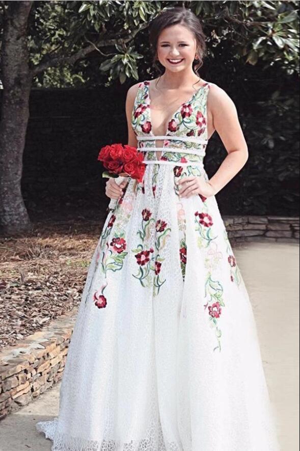 Charming V Neck A Line Prom Dress With Embroidery, Open Back Evening Dress