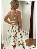 Charming V Neck A Line Prom Dress With Embroidery, Open Back Evening Dress