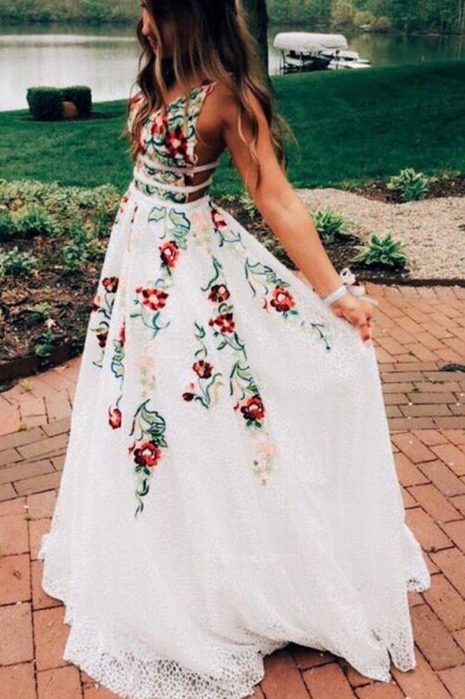 Charming V Neck A Line Prom Dress With Embroidery, Open Back Evening Dress