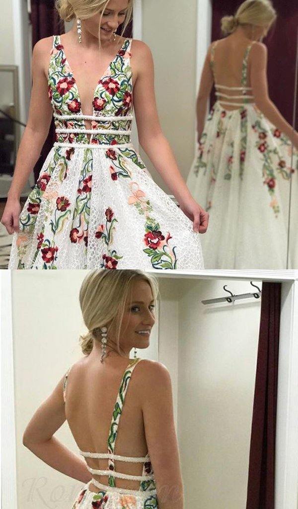 Charming V Neck A Line Prom Dress With Embroidery, Open Back Evening Dress