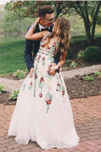 Charming V Neck A Line Prom Dress With Embroidery, Open Back Evening Dress