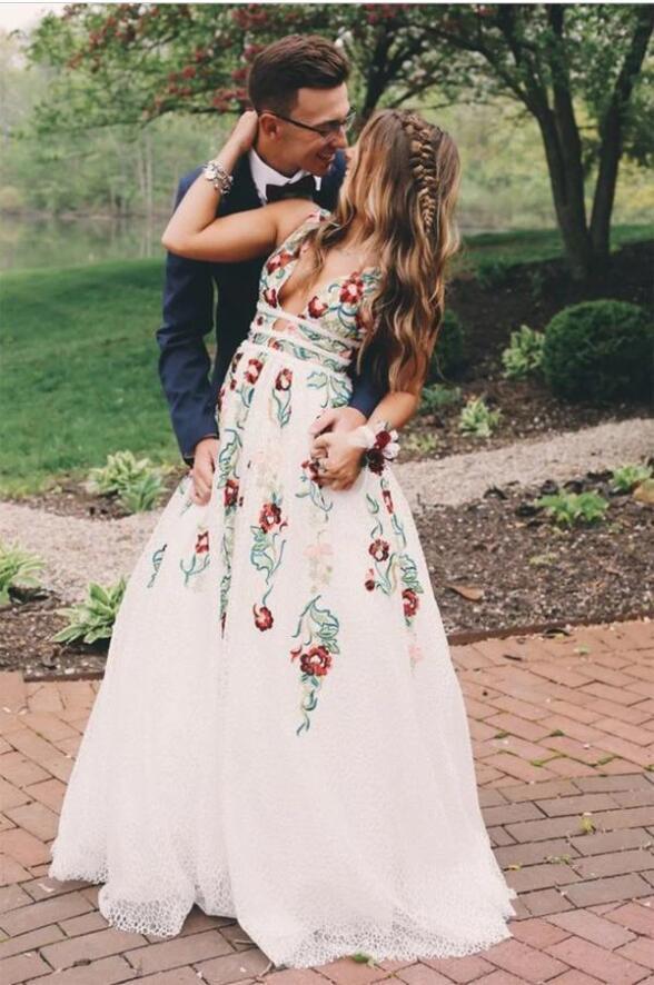 Charming V Neck A Line Prom Dress With Embroidery, Open Back Evening Dress