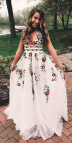 Charming V Neck Floral Embroidery Long Lace Prom Dress With Pocket