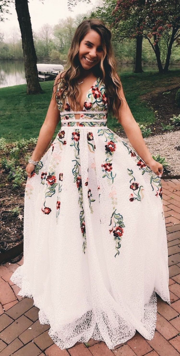 Charming V Neck Floral Embroidery Long Lace Prom Dress With Pocket