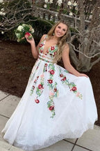 Charming V Neck Floral Embroidery Long Lace Prom Dress With Pocket