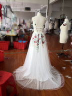 Charming V Neck Floral Embroidery Long Lace Prom Dress With Pocket