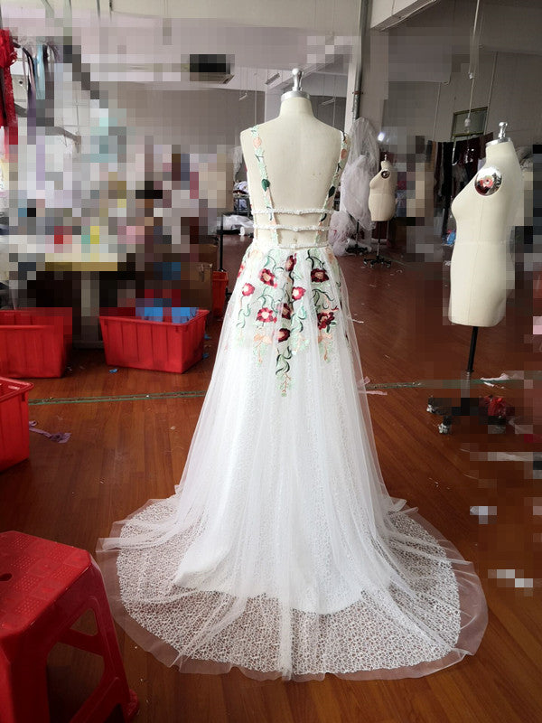 Charming V Neck Floral Embroidery Long Lace Prom Dress With Pocket