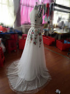 Charming V Neck Floral Embroidery Long Lace Prom Dress With Pocket