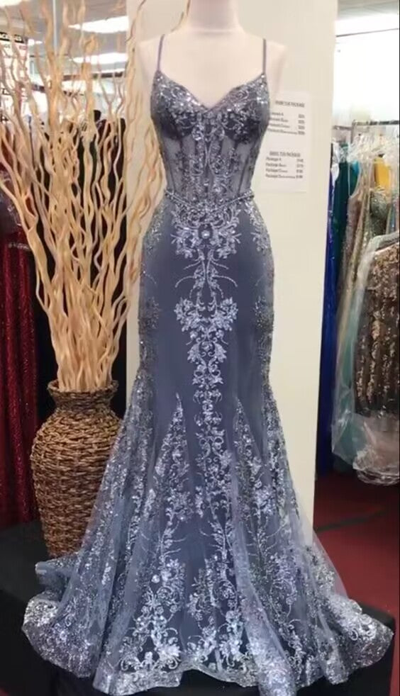 Charming V Neck Lace Mermaid Prom Dress Long Evening Dress Secondary image