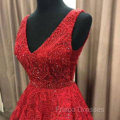 Charming V-neck Sleeveless Formal Prom Party Gowns| Affordable Red Lace Beading Long Formal Prom Gown