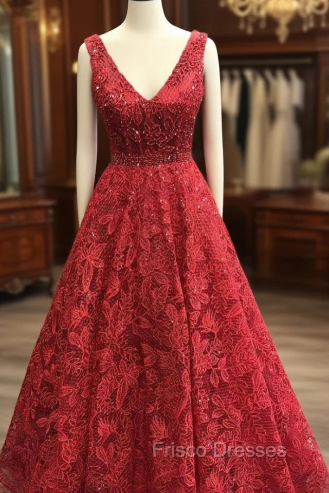 Charming V-neck Sleeveless Formal Prom Party Gowns| Affordable Red Lace Beading Long Formal Prom Gown Main image