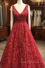 Charming V-neck Sleeveless Formal Prom Party Gowns| Affordable Red Lace Beading Long Formal Prom Gown