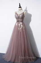 Charming V-neckline Flowers Dark Pink Formal Prom Gown, Long Formal Dress