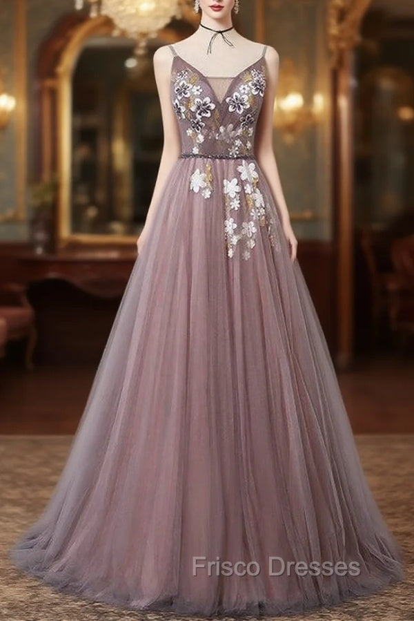 Charming V-neckline Flowers Dark Pink Formal Prom Gown, Long Formal Dress