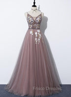 Charming V-neckline Flowers Dark Pink Formal Prom Gown, Long Formal Dress