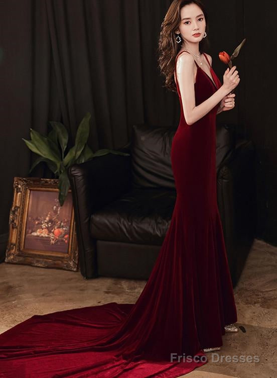 Charming V-Neckline Mermaid Velvet Evening Gown Wedding Party Dress, Dark Red Long Prom Dress Main image