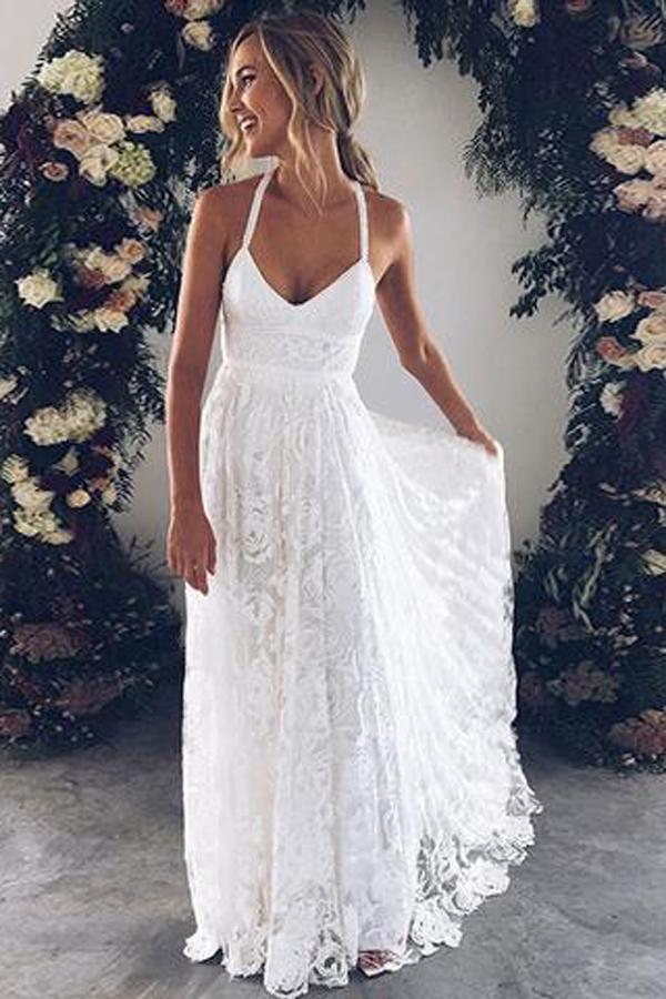 Charming Ivory Lace Floor Length V Neck Long Wedding Dresses On Line Main image