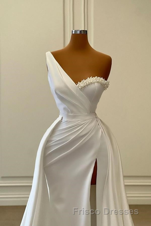 Charming White Long Mermaid One Shoulder Satin Beading Formal Prom Dress Secondary image