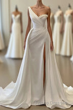 Charming White Long Mermaid One Shoulder Satin Beading Formal Prom Dress