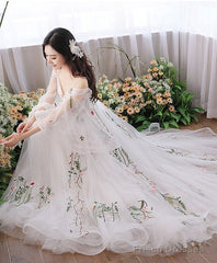 Charming White Tulle With Lace Off Shoulder Wedding Party Dresses, White Formal Dresses