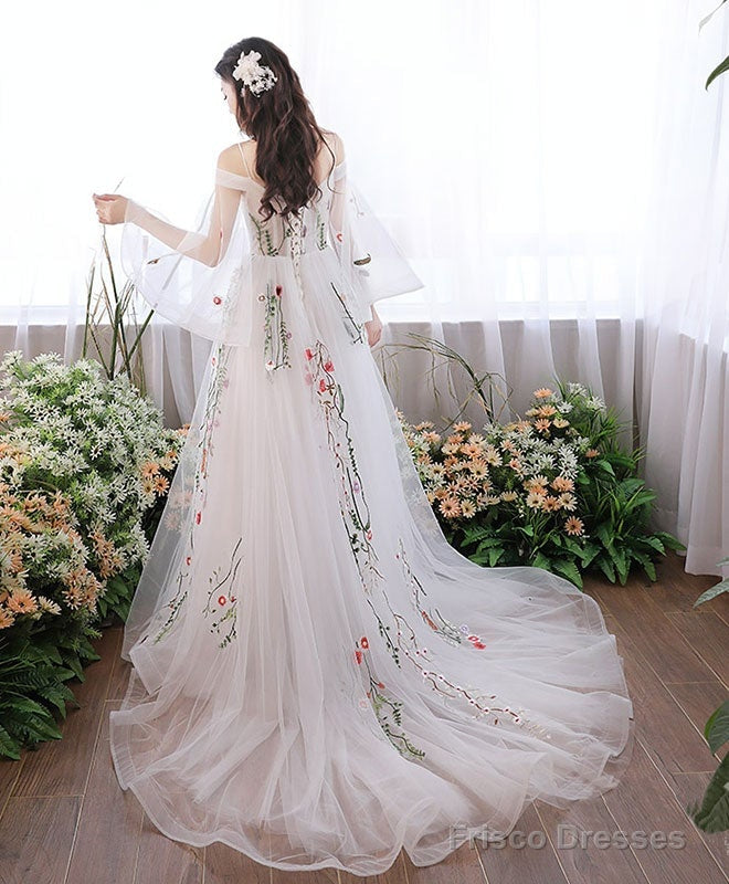 Charming White Tulle With Lace Off Shoulder Wedding Party Dresses, White Formal Dresses