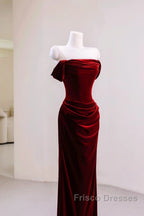 Charming Wine Red Mermaid Off Shoulder Velvet Formal Dress, Wine Red Long Formal Prom Dress