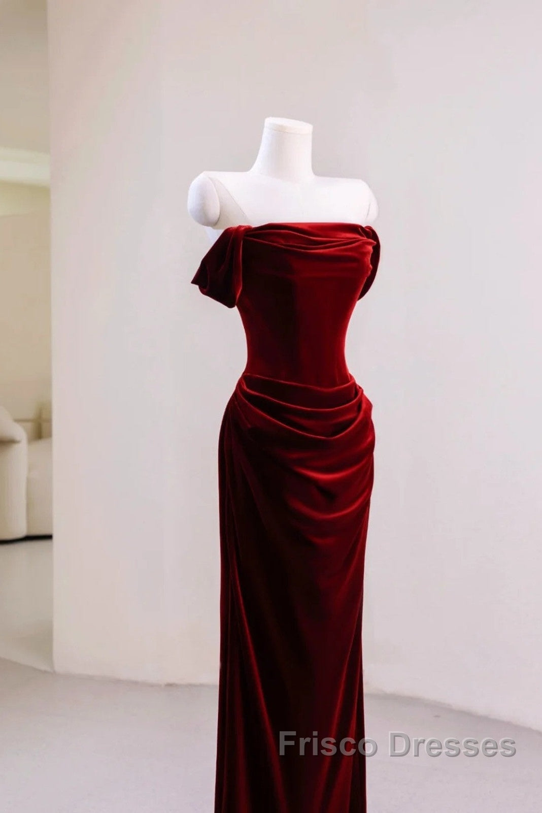 Charming Wine Red Mermaid Off Shoulder Velvet Formal Dress, Wine Red Long Formal Prom Dress