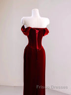 Charming Wine Red Mermaid Off Shoulder Velvet Formal Dress, Wine Red Long Formal Prom Dress