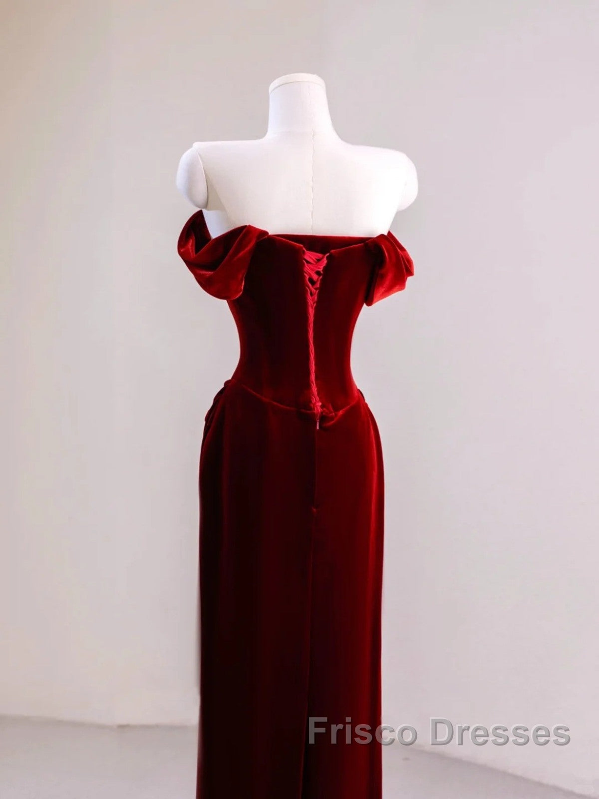 Charming Wine Red Mermaid Off Shoulder Velvet Formal Dress, Wine Red Long Formal Prom Dress