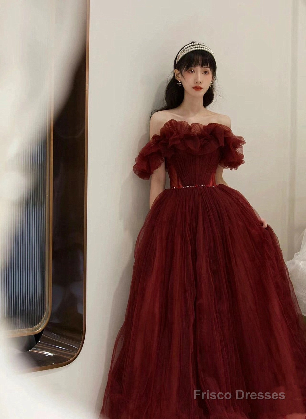 Charming Wine Red Off Shoulder Tulle Beaded Party Dress, Wine Red Prom Dress