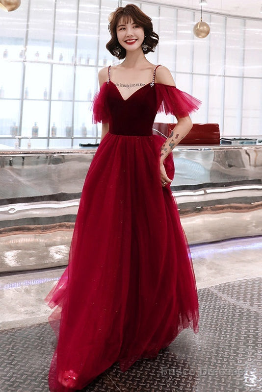 Charming Wine Red Straps Long Evening Party Dresses, A-Line Straps Prom Dresses