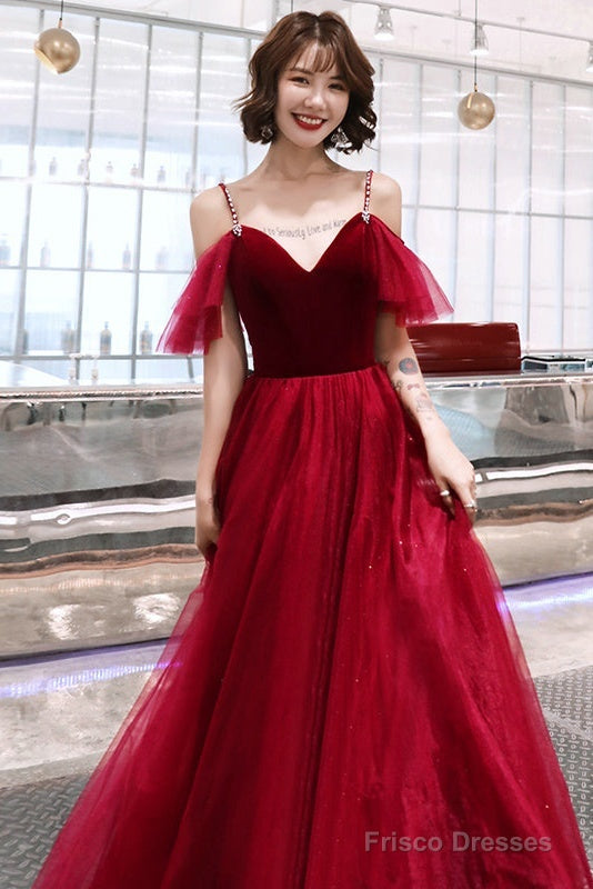 Charming Wine Red Straps Long Evening Party Dresses, A-Line Straps Prom Dresses