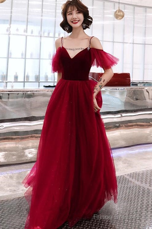 Charming Wine Red Straps Long Evening Party Dresses, A-Line Straps Prom Dresses Main image