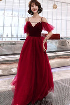 Charming Wine Red Straps Long Evening Party Dresses, A-Line Straps Prom Dresses