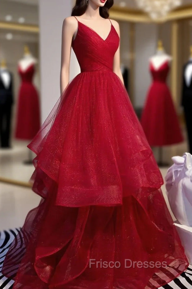 Charming Wine Red Straps Sweetehart Layers Tulle Formal Prom Dress, Long Party Dress